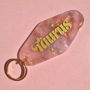 Taurus Horoscope Engraved Gold Glitter Pink Cloud Ombra Keychain
